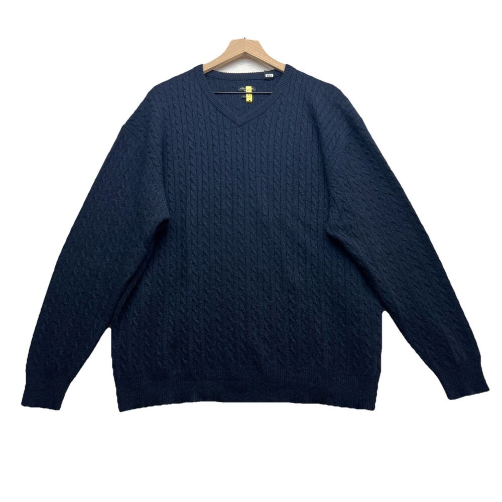 Men's Alan Flusser Golf Pure Cashmere Sweater V-Neck XXL Blue Fisherman Knit
